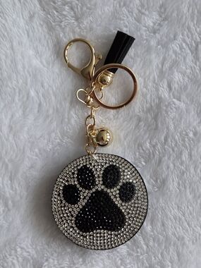 Rhinestone Paw Print Keychain Pet Accessory - Black & Silver Dog Paw Bag Charm